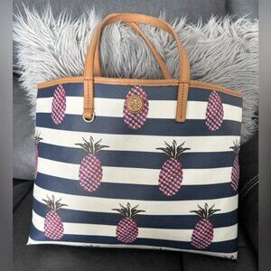 Tory Burch Kerrington blue & white striped lg. tote bag w/ pink pineapples EUC